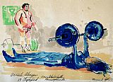 Leroy Neiman Woman WeightLifter painting